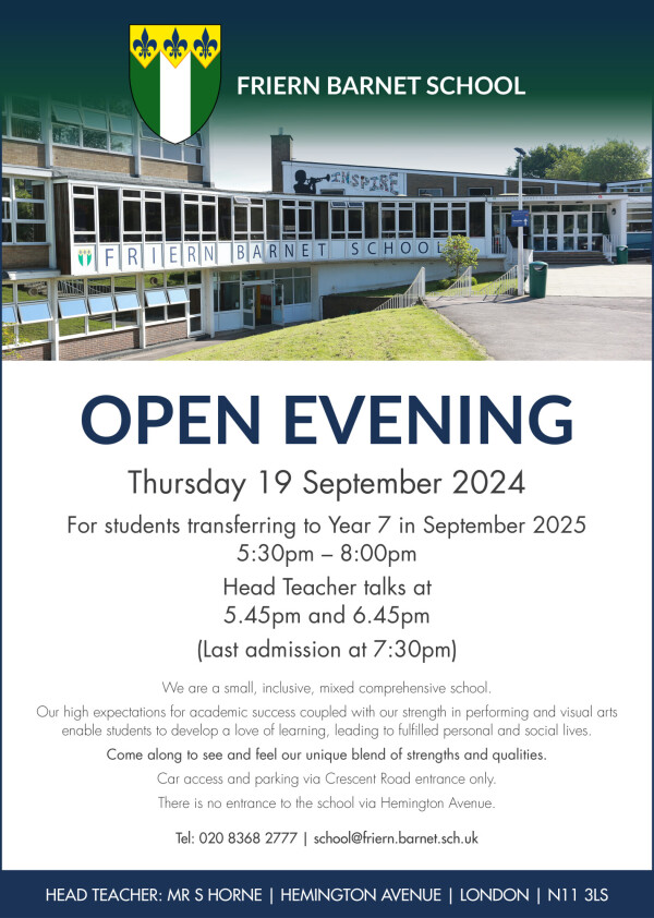 Open Evening on 19 September 2024 Friern School